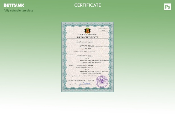 модерен стил Конго (Република) шаблон за PSD извод од матична книга на родените